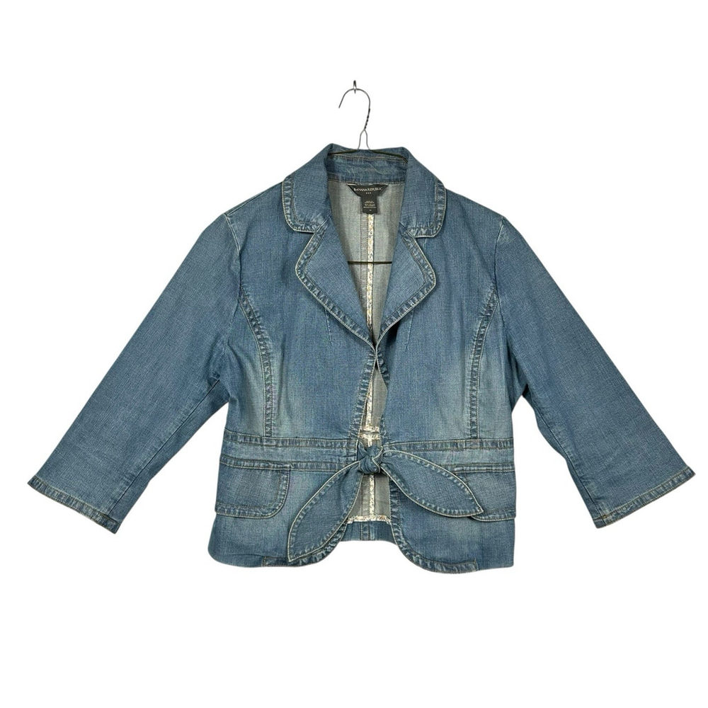 Banana Republic Vintage Y2K SS0 2005 Tie Bow Denim Jacket Boho Hippie Size 14 - Picture 1 of 9